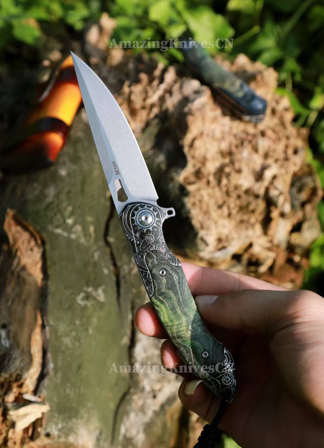 M390 Blade Pocket Knife Tactical Flipper Ceramic Ball Bearings w/ Leather Sheath - AK-HT0992