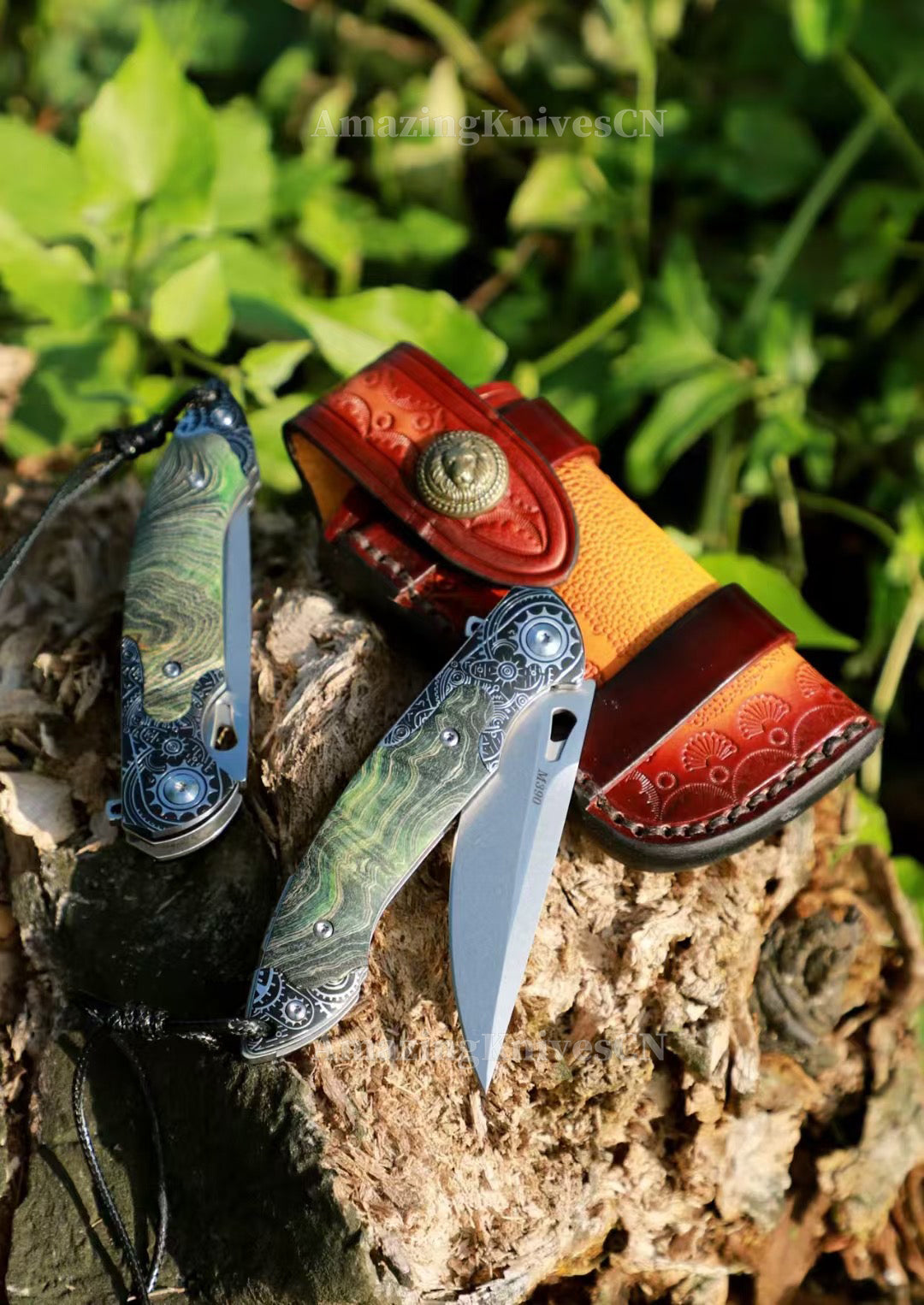 M390 Blade Pocket Knife Tactical Flipper Ceramic Ball Bearings w/ Leather Sheath - AK-HT0992
