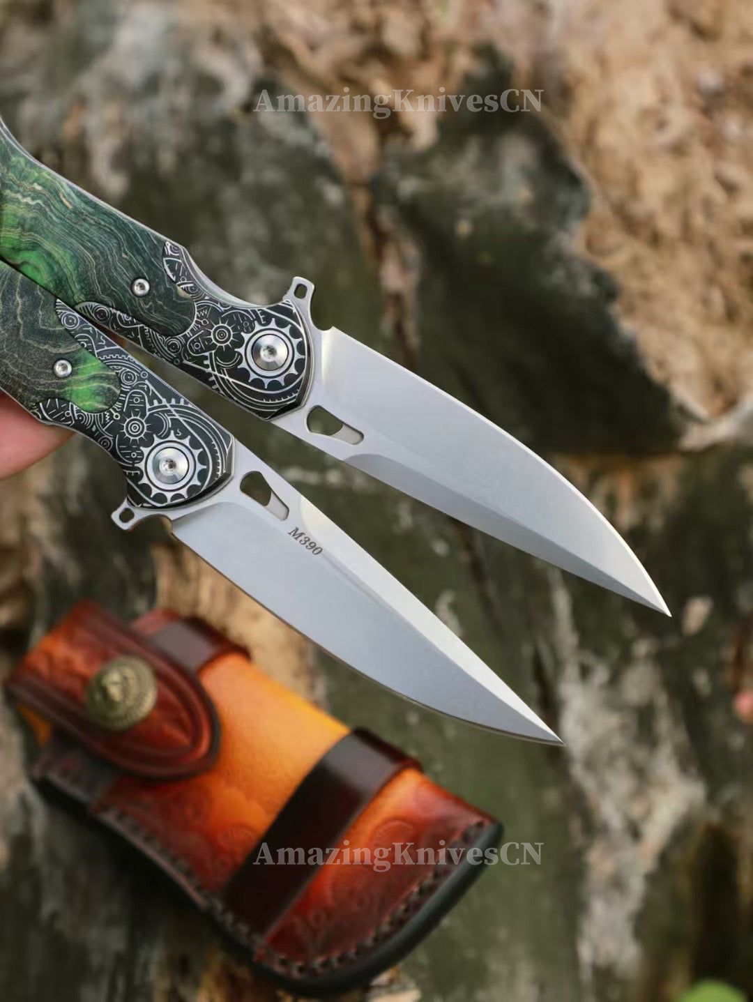 M390 Blade Pocket Knife Tactical Flipper Ceramic Ball Bearings w/ Leather Sheath - AK-HT0992