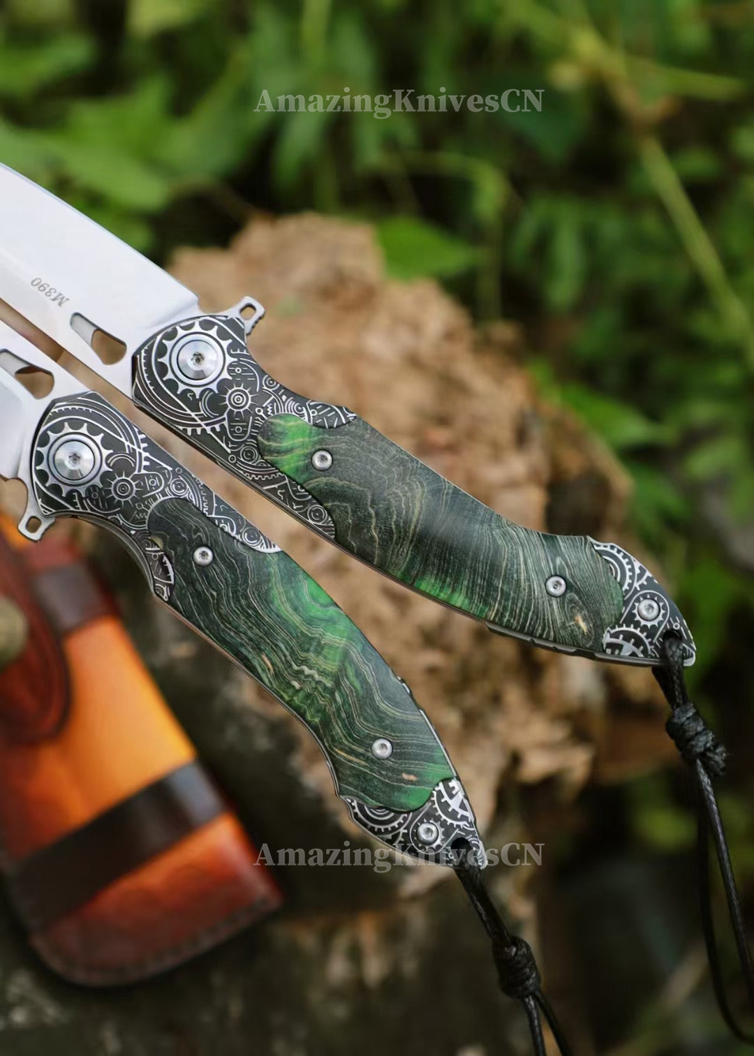 M390 Blade Pocket Knife Tactical Flipper Ceramic Ball Bearings w/ Leather Sheath - AK-HT0992