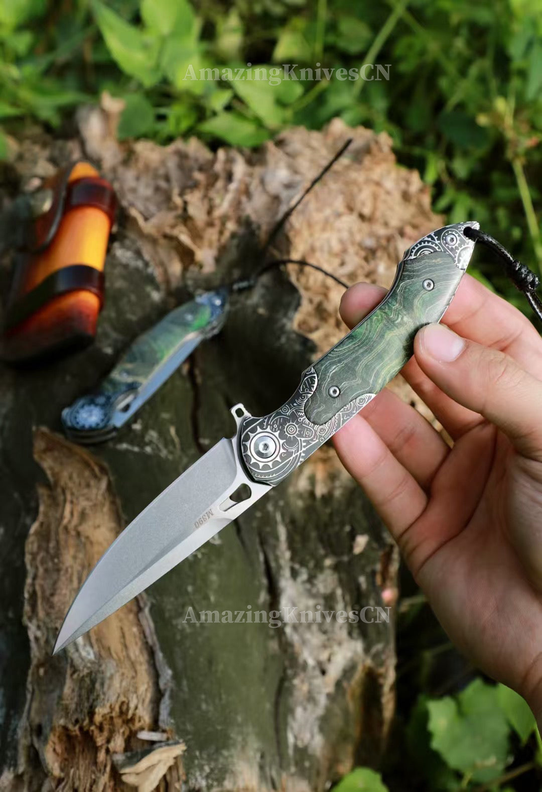 M390 Blade Pocket Knife Tactical Flipper Ceramic Ball Bearings w/ Leather Sheath - AK-HT0992