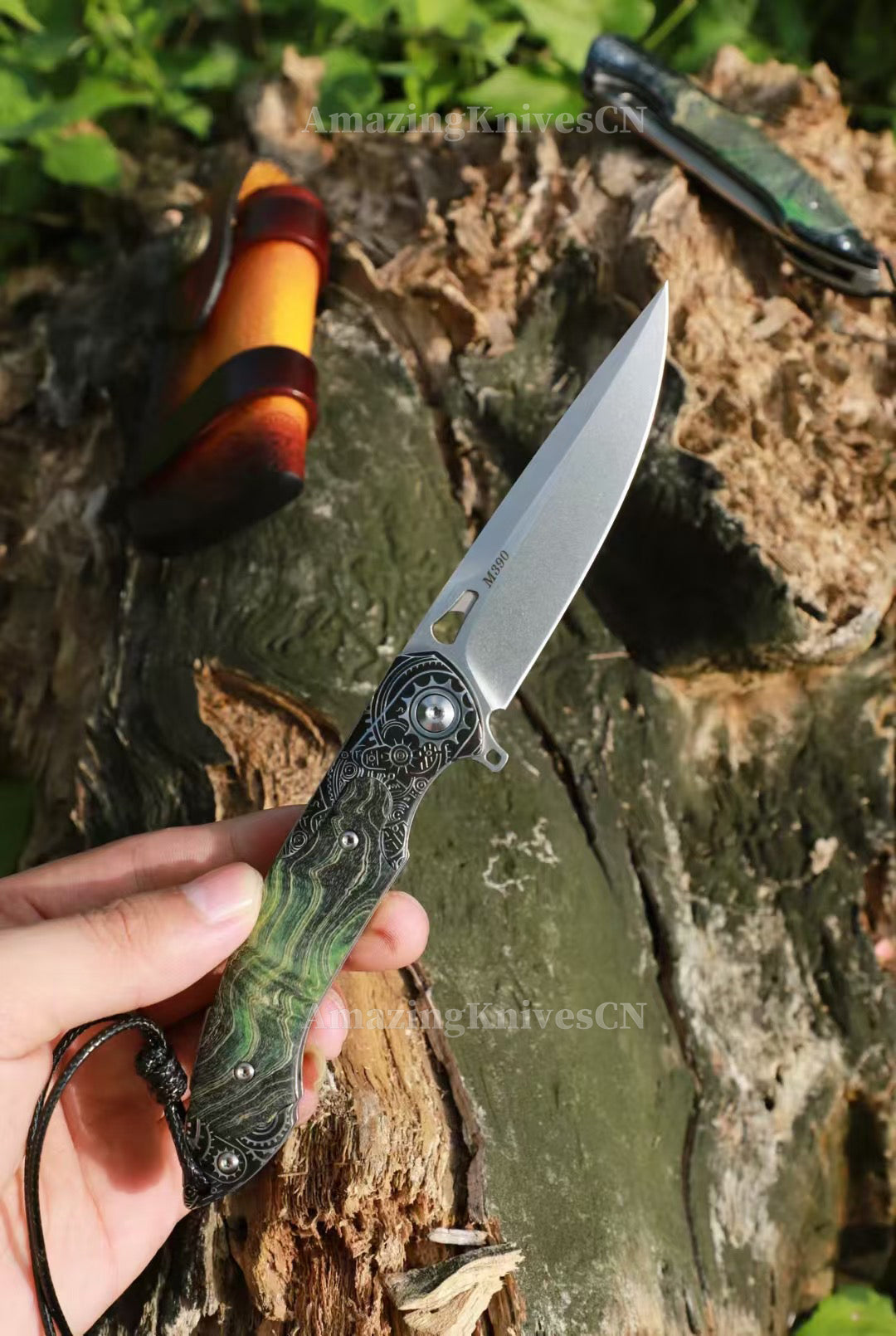 M390 Blade Pocket Knife Tactical Flipper Ceramic Ball Bearings w/ Leather Sheath - AK-HT0992