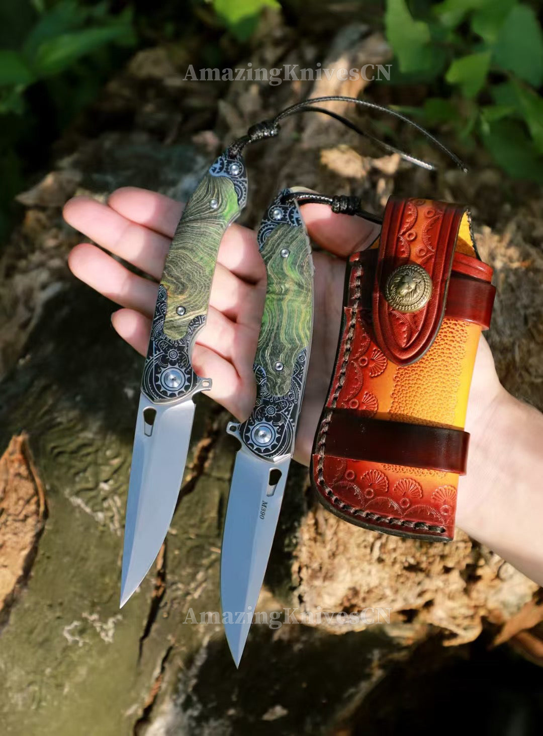 M390 Blade Pocket Knife Tactical Flipper Ceramic Ball Bearings w/ Leather Sheath - AK-HT0992
