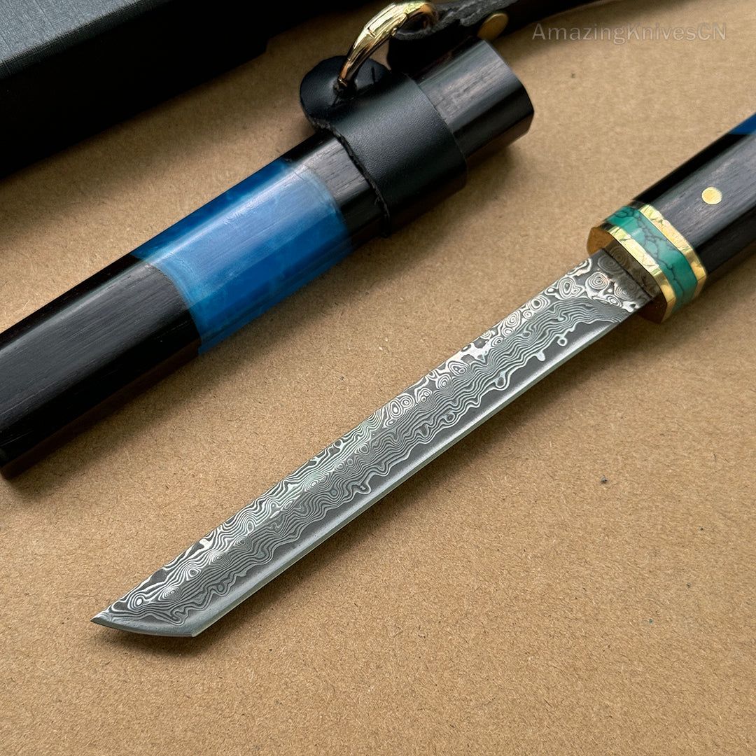 Japanese Style Mini Katana Knife Fixed Blade Damascus Steel  - AK-HT0921