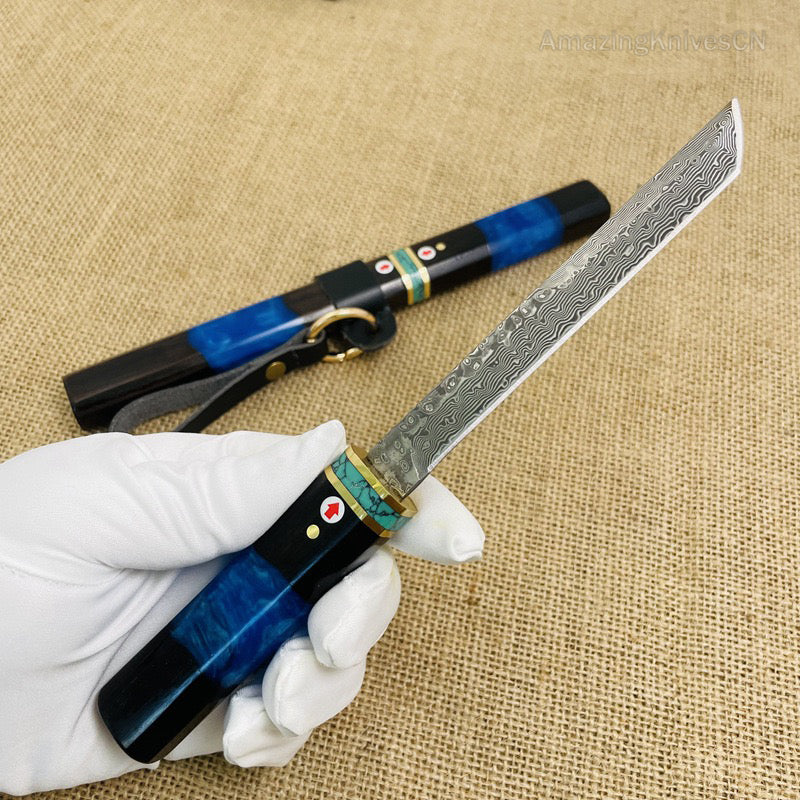 Japanese Style Mini Katana Knife Fixed Blade Damascus Steel  - AK-HT0921
