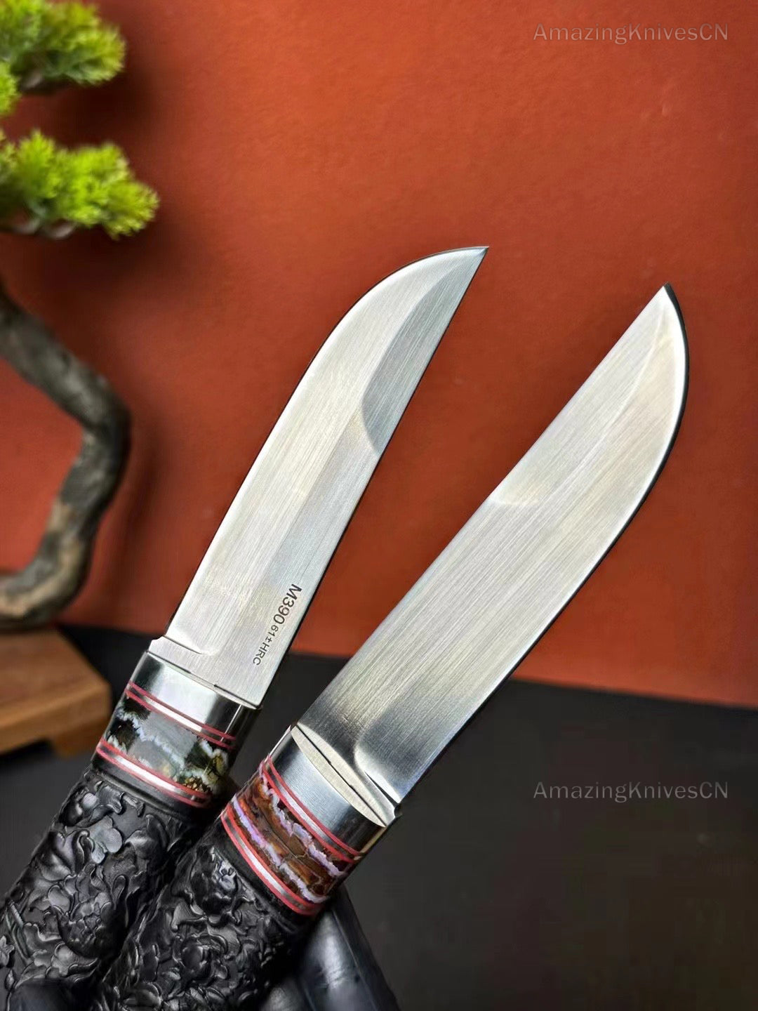 Top-tier M390 Steel Blade Hunting Knife Bowie Survival Knife Handcrafted Ebony Wood - AK-HT0922