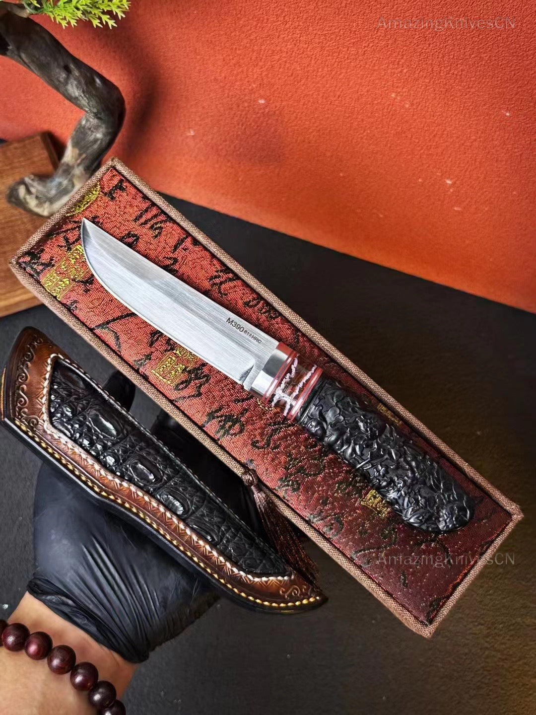 Top-tier M390 Steel Blade Hunting Knife Bowie Survival Knife Handcrafted Ebony Wood - AK-HT0922