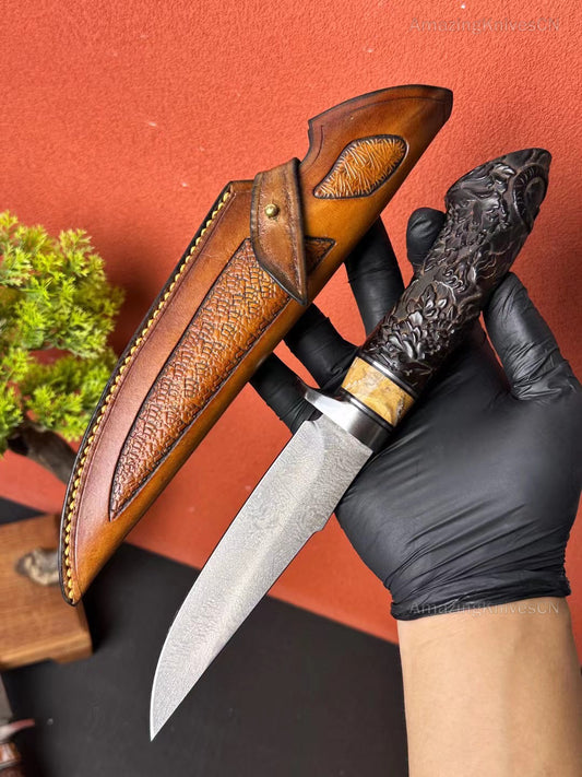 Wootz Steel Hunting Knife Survival Bowie Ironwood Handcrafted Tiger Pattern - AK-HT0923