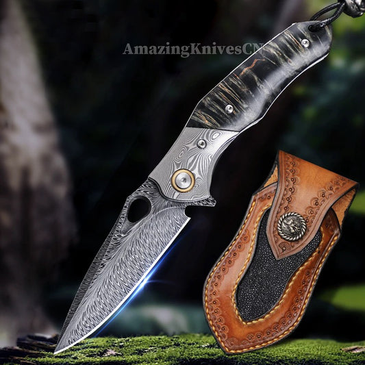 Handcrafted Feather Damascus Pocket Knife Wood Handle -AK-HT0994