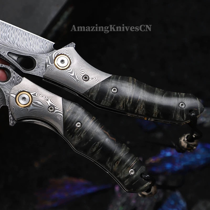 Handcrafted Feather Damascus Pocket Knife Wood Handle -AK-HT0994