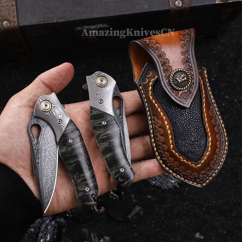 Handcrafted Feather Damascus Pocket Knife Wood Handle -AK-HT0994