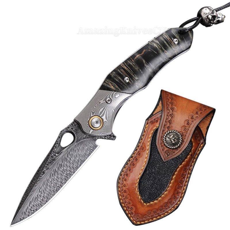 Handcrafted Feather Damascus Pocket Knife Wood Handle -AK-HT0994
