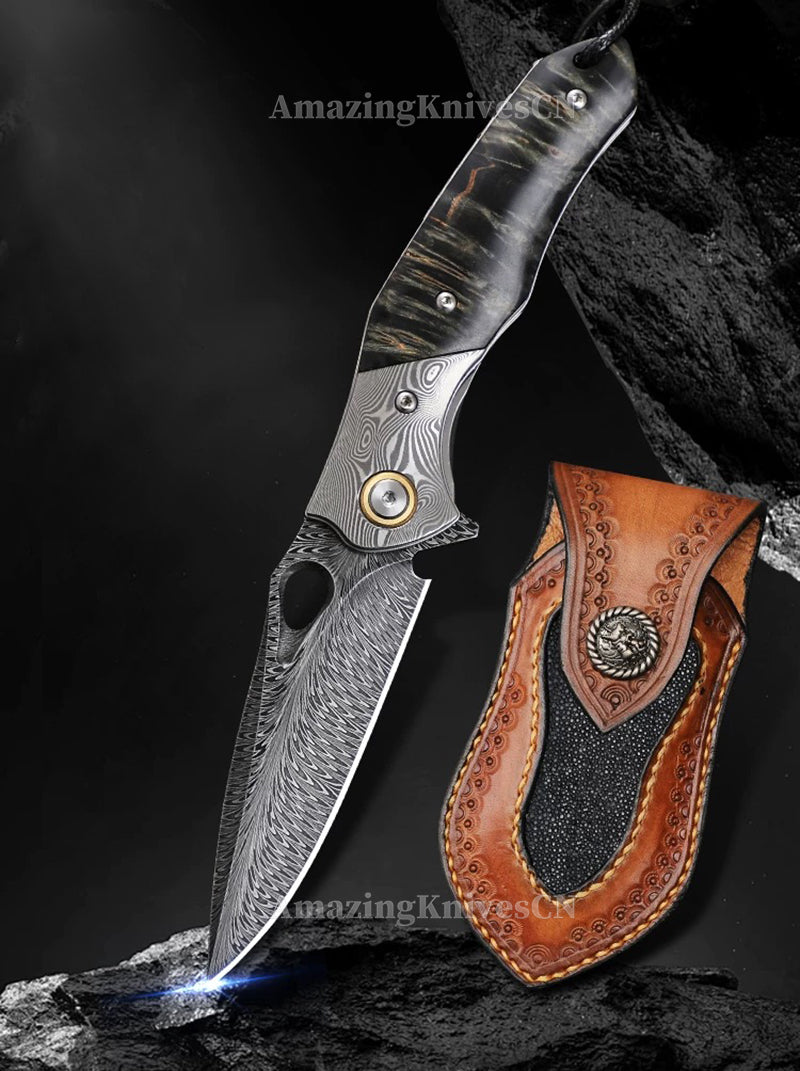 Handcrafted Feather Damascus Pocket Knife Wood Handle -AK-HT0994