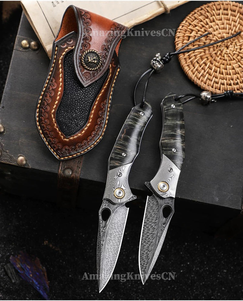 Handcrafted Feather Damascus Pocket Knife Wood Handle -AK-HT0994