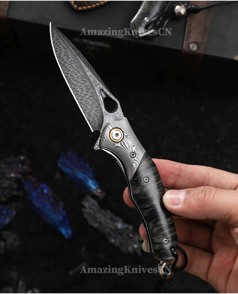 Handcrafted Feather Damascus Pocket Knife Wood Handle -AK-HT0994