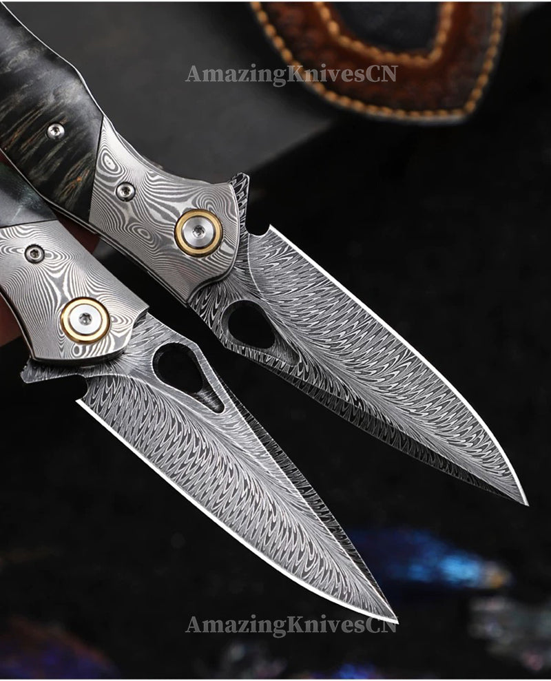 Handcrafted Feather Damascus Pocket Knife Wood Handle -AK-HT0994
