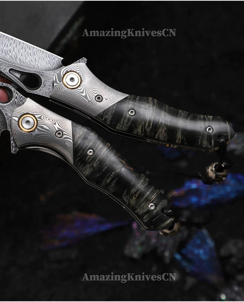 Handcrafted Feather Damascus Pocket Knife Wood Handle -AK-HT0994