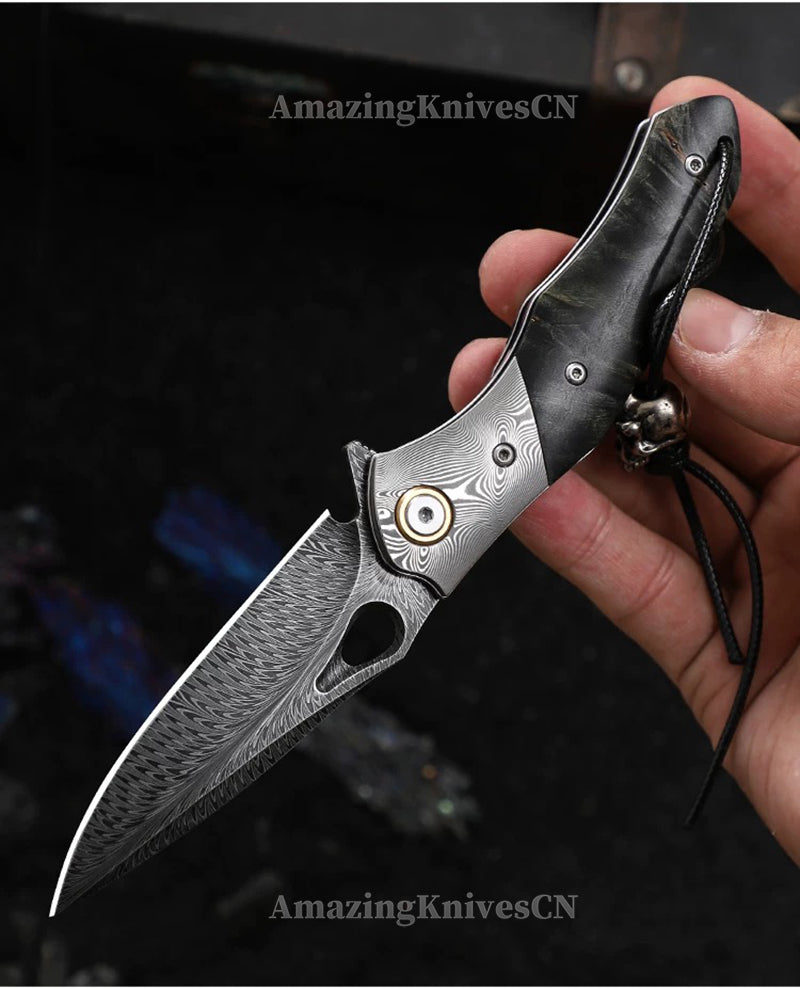 Handcrafted Feather Damascus Pocket Knife Wood Handle -AK-HT0994