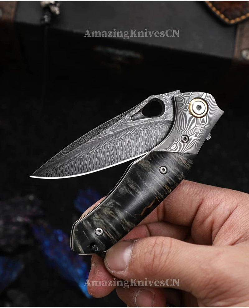 Handcrafted Feather Damascus Pocket Knife Wood Handle -AK-HT0994