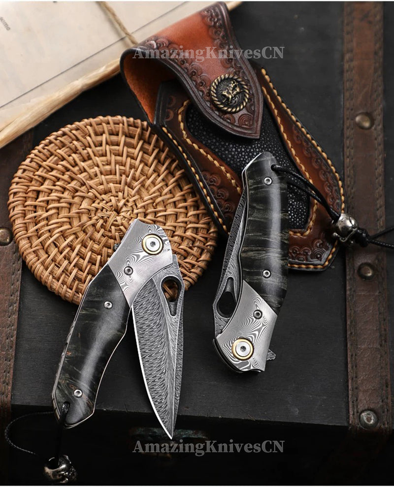 Handcrafted Feather Damascus Pocket Knife Wood Handle -AK-HT0994