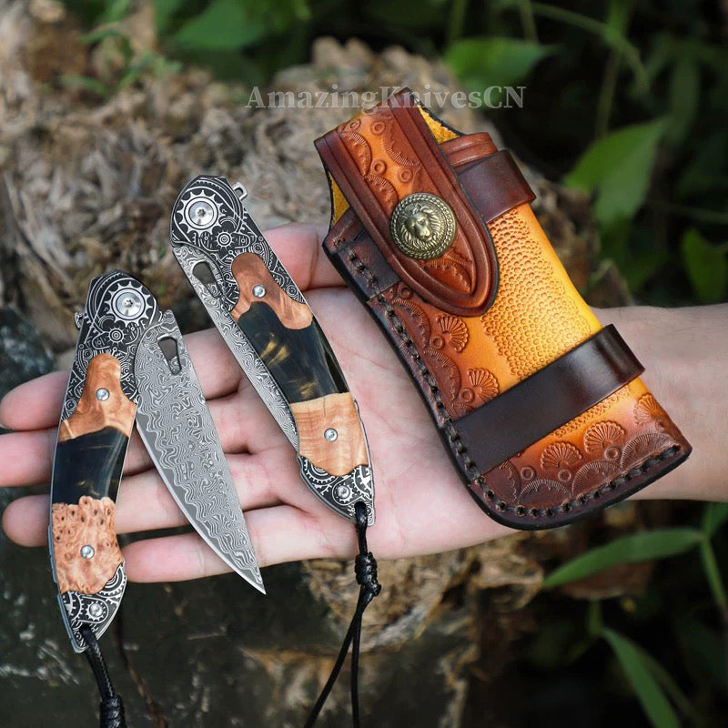 Collectible Japanese Damascus Steel Pocket Knife Wooden Handle with Leather Sheath - AK-HT0995