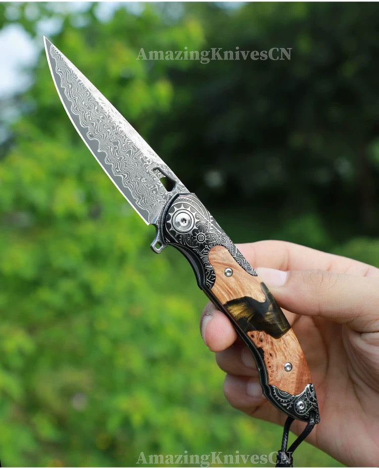 Collectible Japanese Damascus Steel Pocket Knife Wooden Handle with Leather Sheath - AK-HT0995