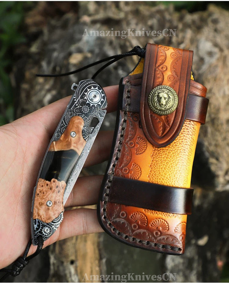Collectible Japanese Damascus Steel Pocket Knife Wooden Handle with Leather Sheath - AK-HT0995