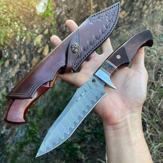 VG10 Damascus Steel Survival Bowie Knife Hunting Knife Fixed Blade with Sheath- AK-HT0587-DS