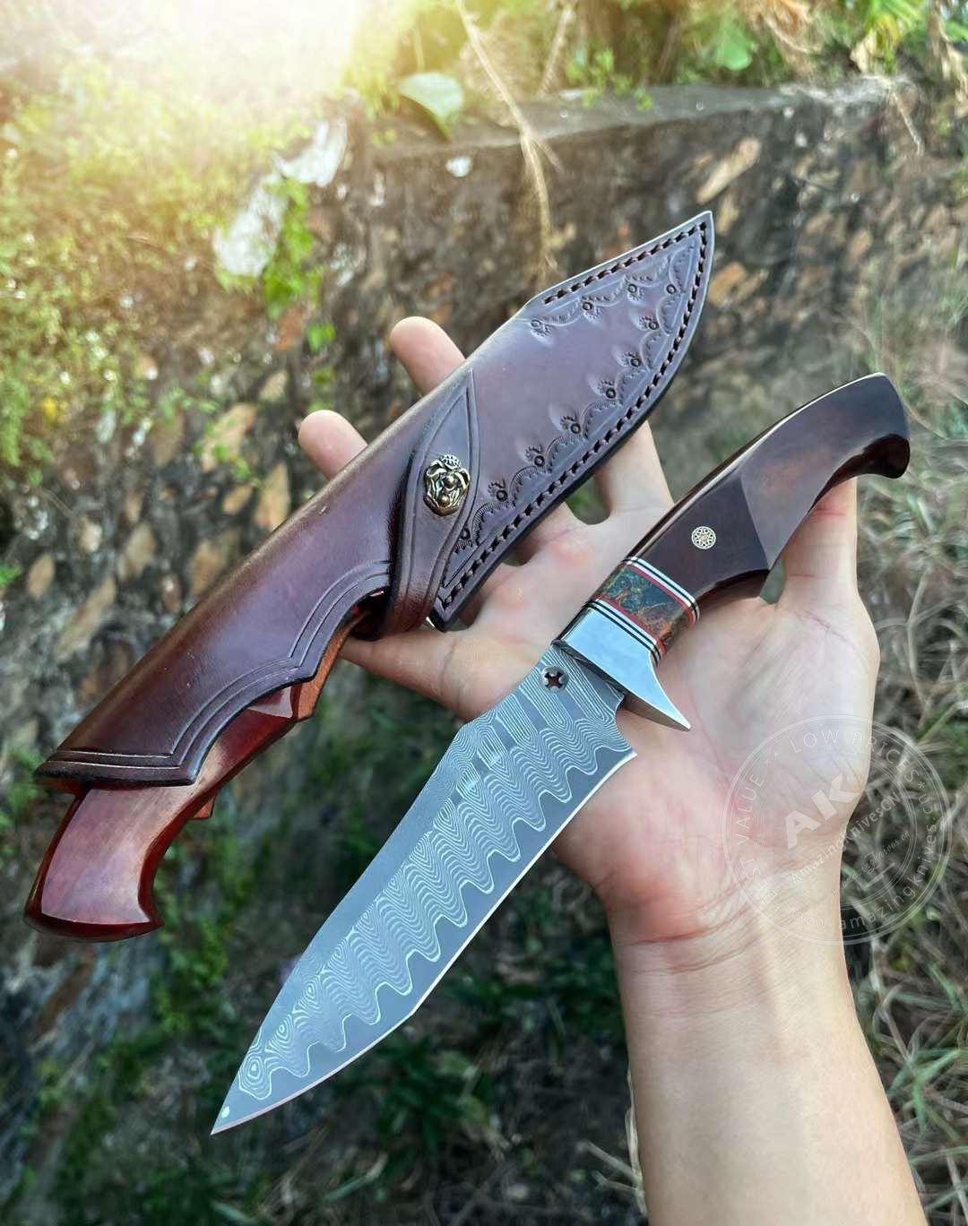 VG10 Damascus Steel Survival Bowie Knife Hunting Knife Fixed Blade with Sheath- AK-HT0587-DS