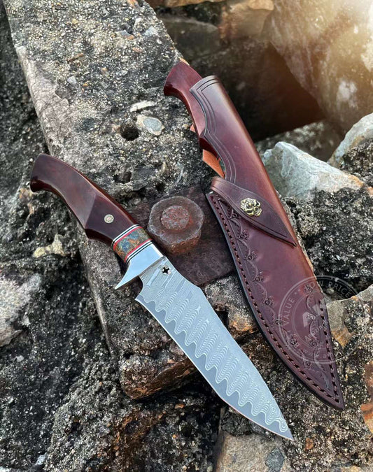 VG10 Damascus Steel Survival Bowie Knife Hunting Knife Fixed Blade with Sheath- AK-HT0587-DS