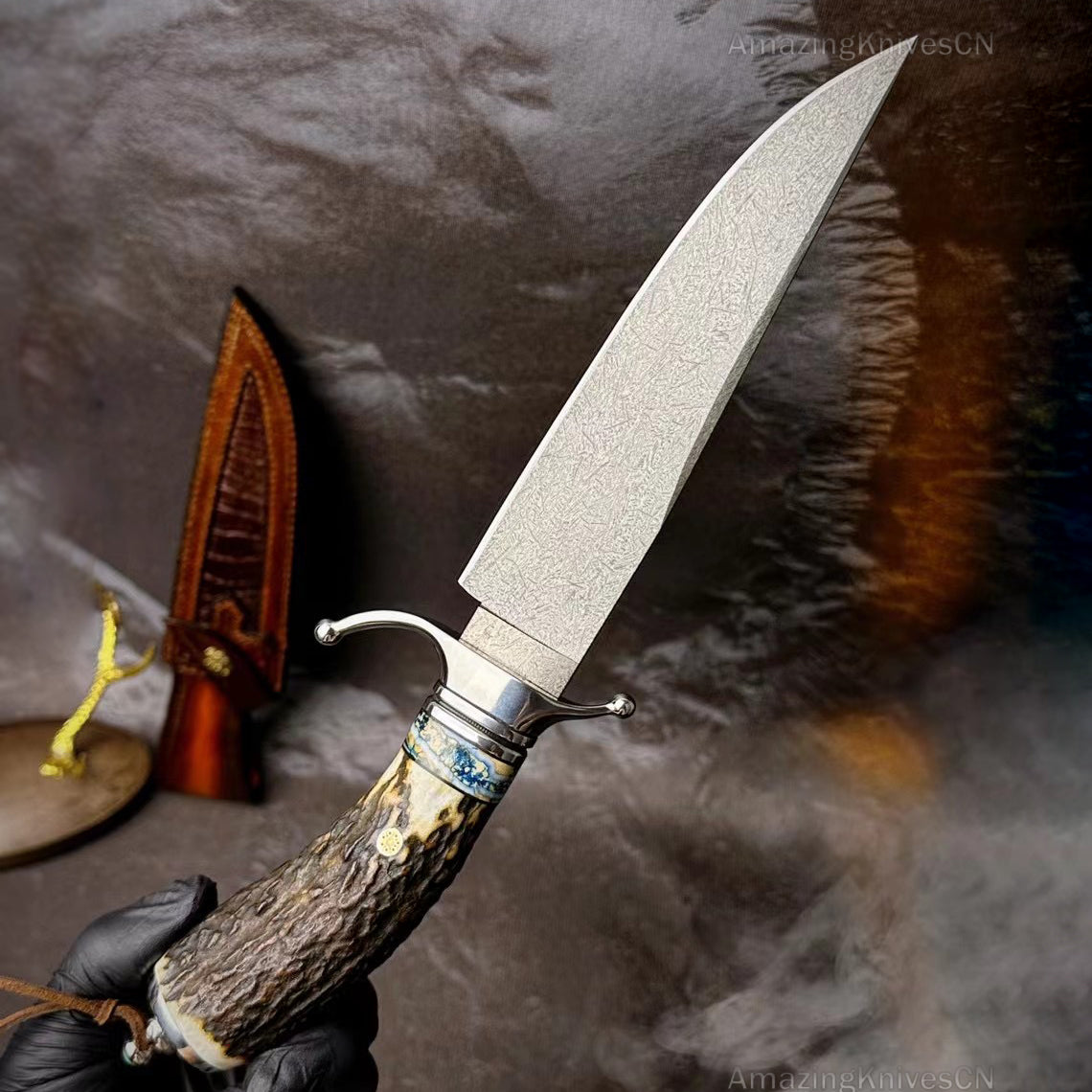 Wootz Steel Survival Bowie Hunting Knife Fixed Blade Stag Horn Handle w/ Sheath - AK-HT0879