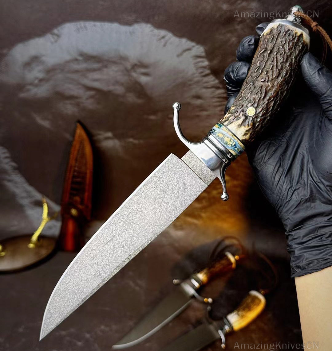 Wootz Steel Survival Bowie Hunting Knife Fixed Blade Stag Horn Handle w/ Sheath - AK-HT0879