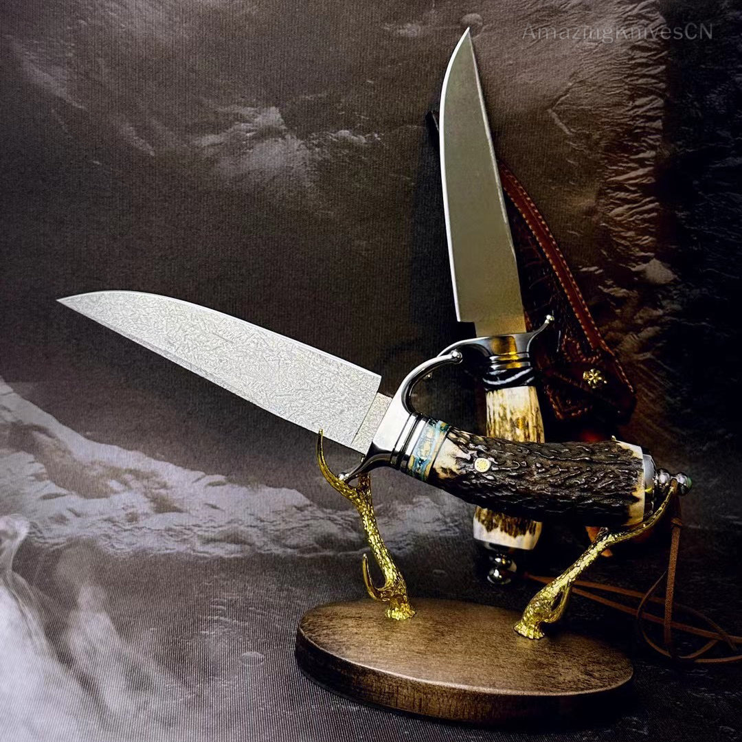 Wootz Steel Survival Bowie Hunting Knife Fixed Blade Stag Horn Handle w/ Sheath - AK-HT0879