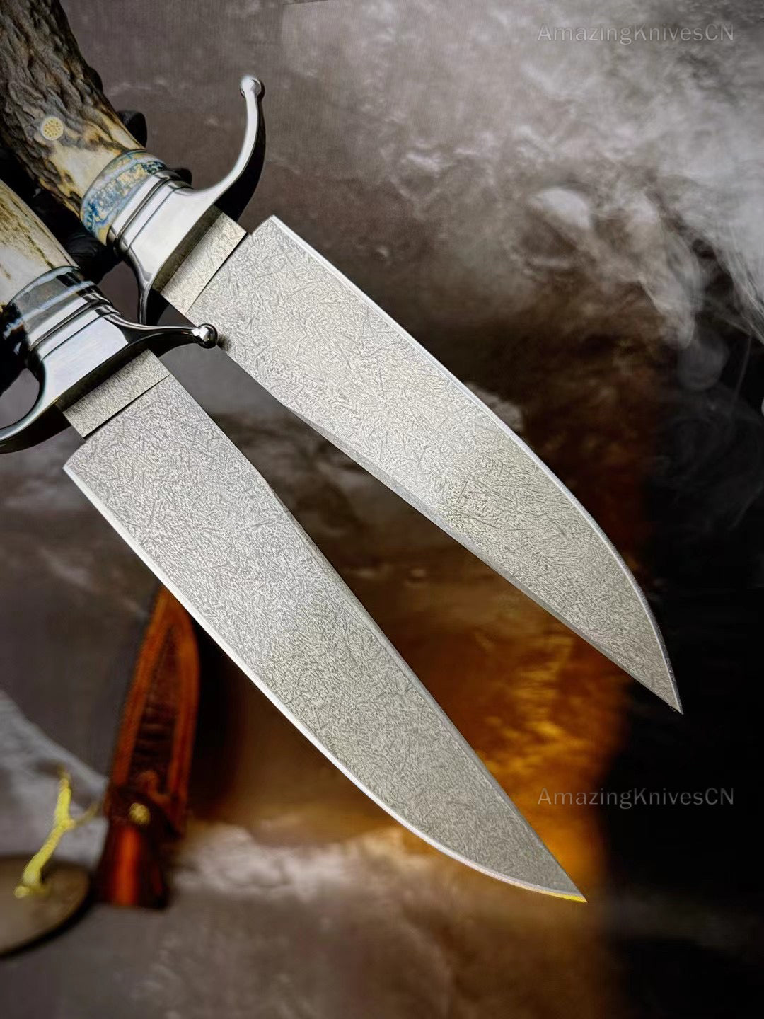 Wootz Steel Survival Bowie Hunting Knife Fixed Blade Stag Horn Handle w/ Sheath - AK-HT0879