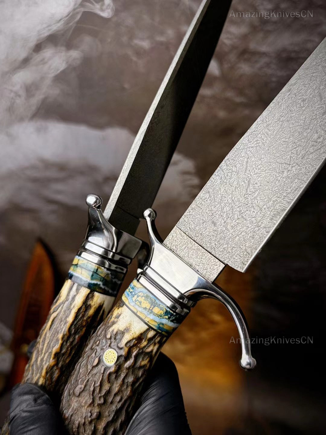 Wootz Steel Survival Bowie Hunting Knife Fixed Blade Stag Horn Handle w/ Sheath - AK-HT0879