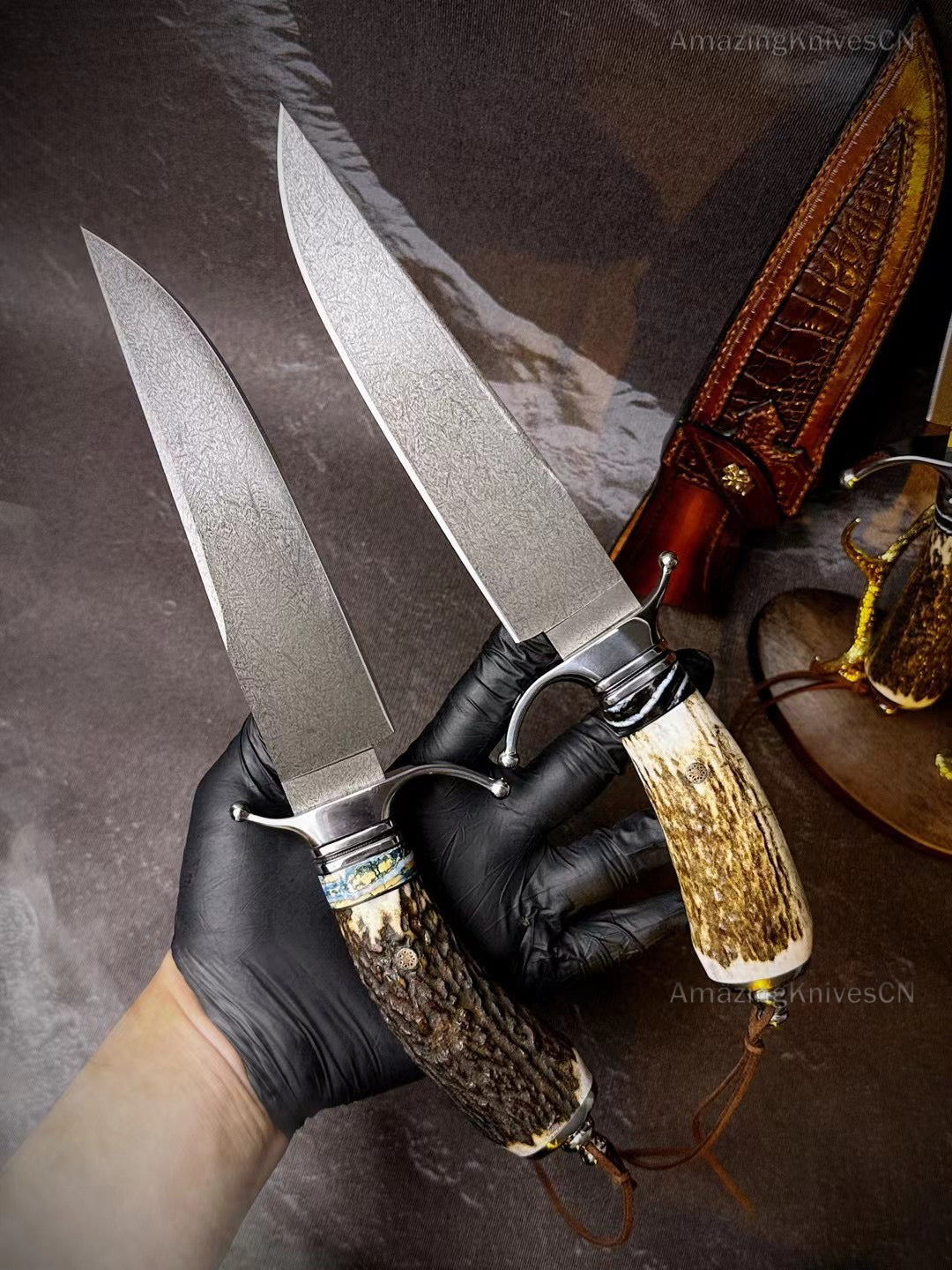 Wootz Steel Survival Bowie Hunting Knife Fixed Blade Stag Horn Handle w/ Sheath - AK-HT0879