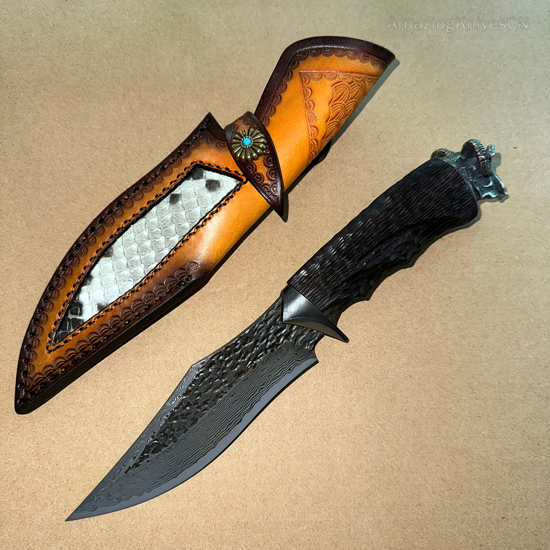 Forged VG10 Damascus Steel Hunting Knife Survival Knife Bowie Black Goat Head - AK-HT0731-D