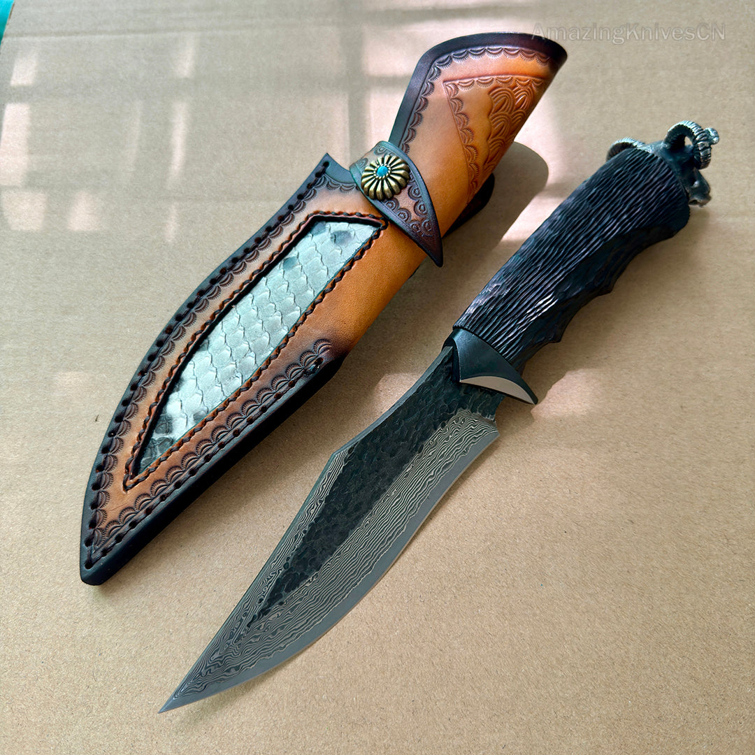 Forged VG10 Damascus Steel Hunting Knife Survival Knife Bowie Black Goat Head - AK-HT0731-D