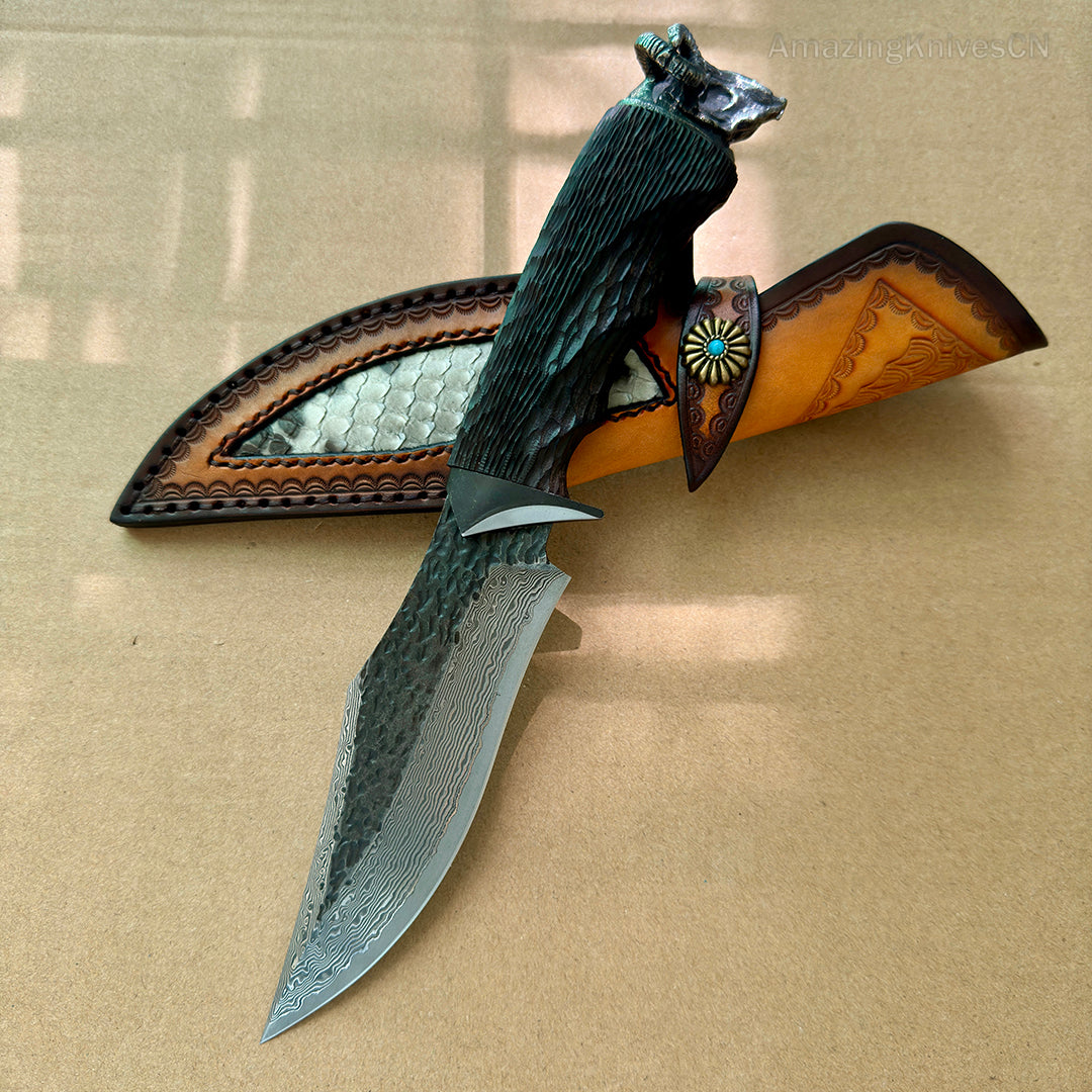 Forged VG10 Damascus Steel Hunting Knife Survival Knife Bowie Black Goat Head - AK-HT0731-D