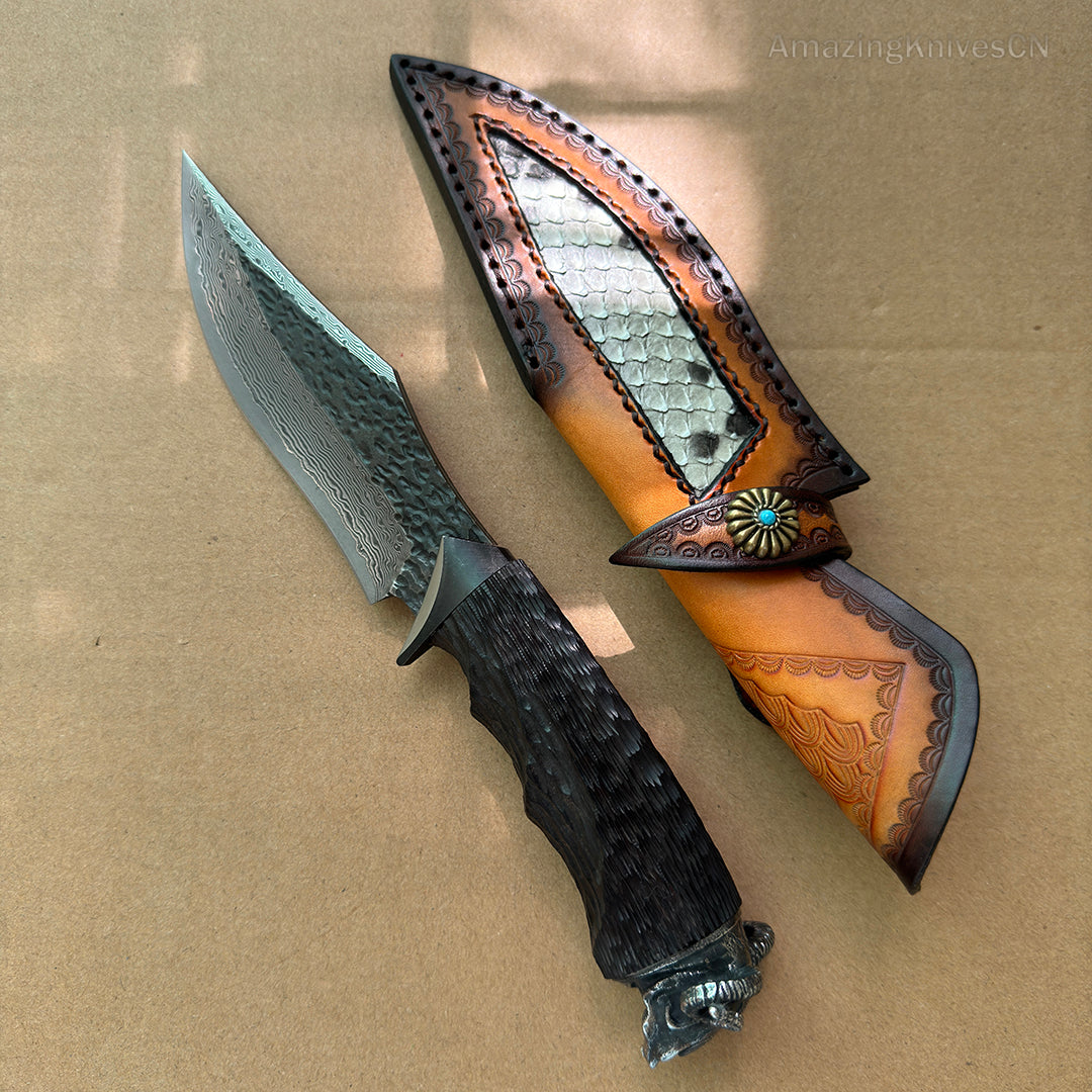 Forged VG10 Damascus Steel Hunting Knife Survival Knife Bowie Black Goat Head - AK-HT0731-D