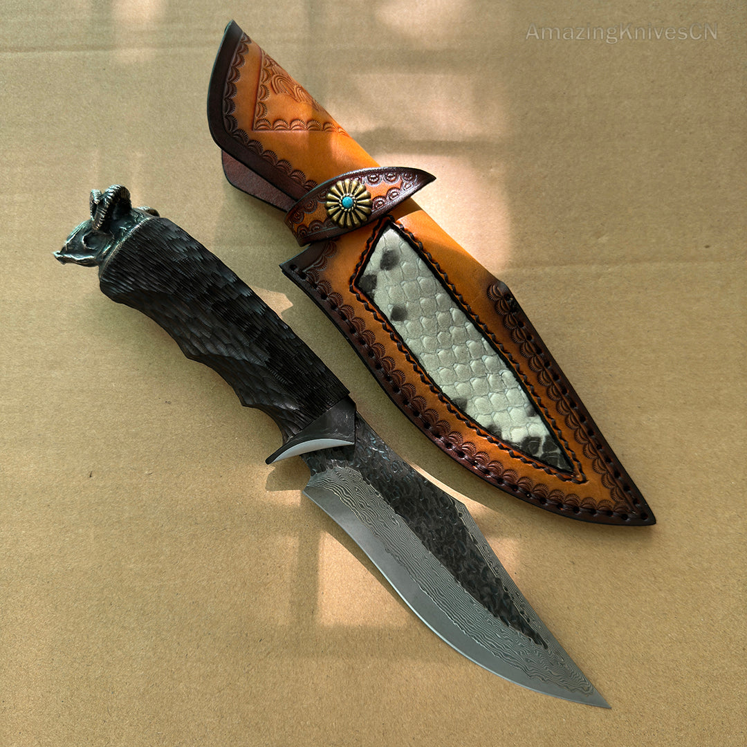 Forged VG10 Damascus Steel Hunting Knife Survival Knife Bowie Black Goat Head - AK-HT0731-D