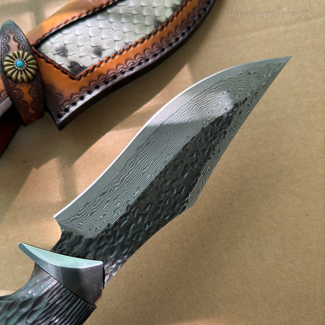 Forged VG10 Damascus Steel Hunting Knife Survival Knife Bowie Black Goat Head - AK-HT0731-D