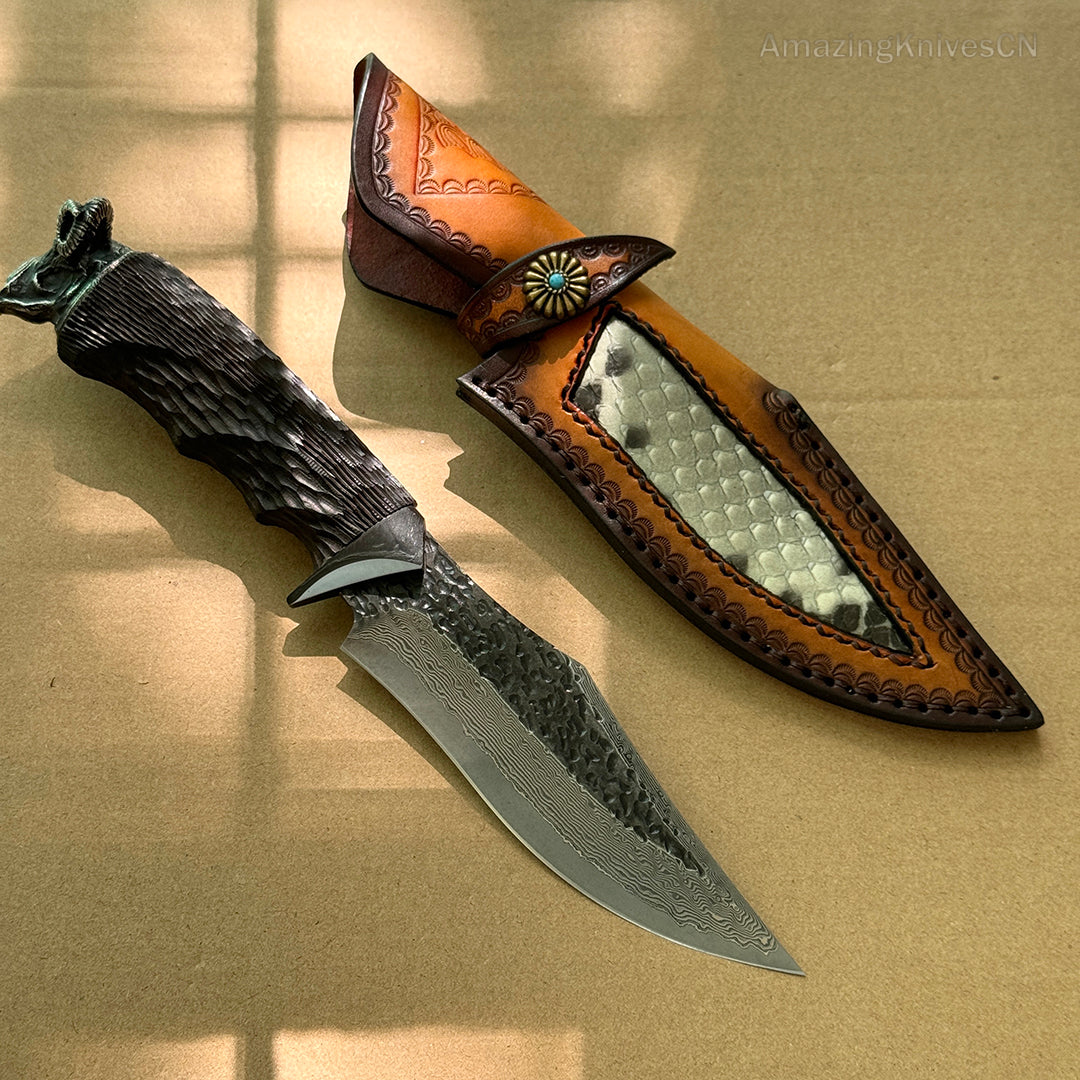 Forged VG10 Damascus Steel Hunting Knife Survival Knife Bowie Black Goat Head - AK-HT0731-D