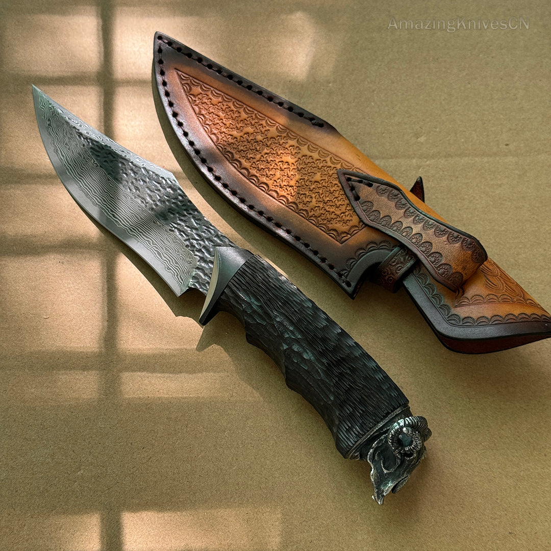 Forged VG10 Damascus Steel Hunting Knife Survival Knife Bowie Black Goat Head - AK-HT0731-D