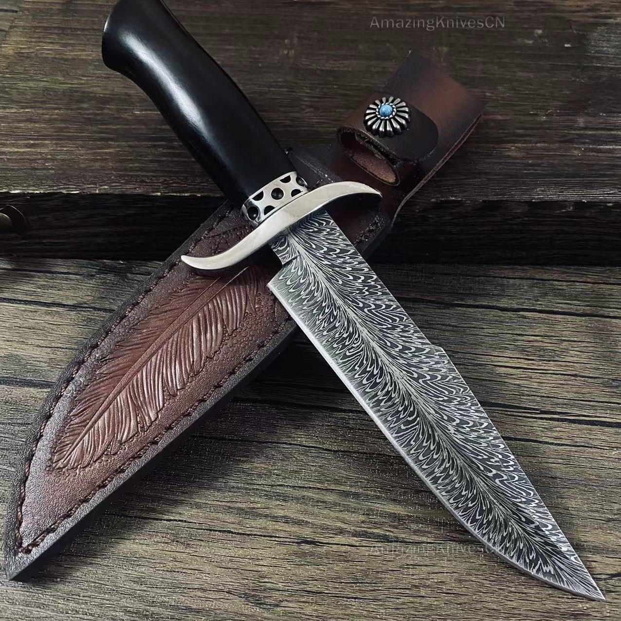 Stainless Steel Hunting Knife Feather Pattern Survival Fixed Blade Bowie - AK-HT0498-B