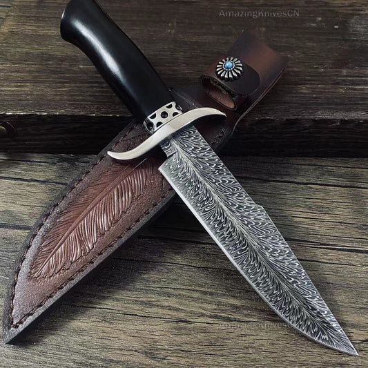 Stainless Steel Hunting Knife Feather Pattern Survival Fixed Blade Bowie - AK-HT0498-B
