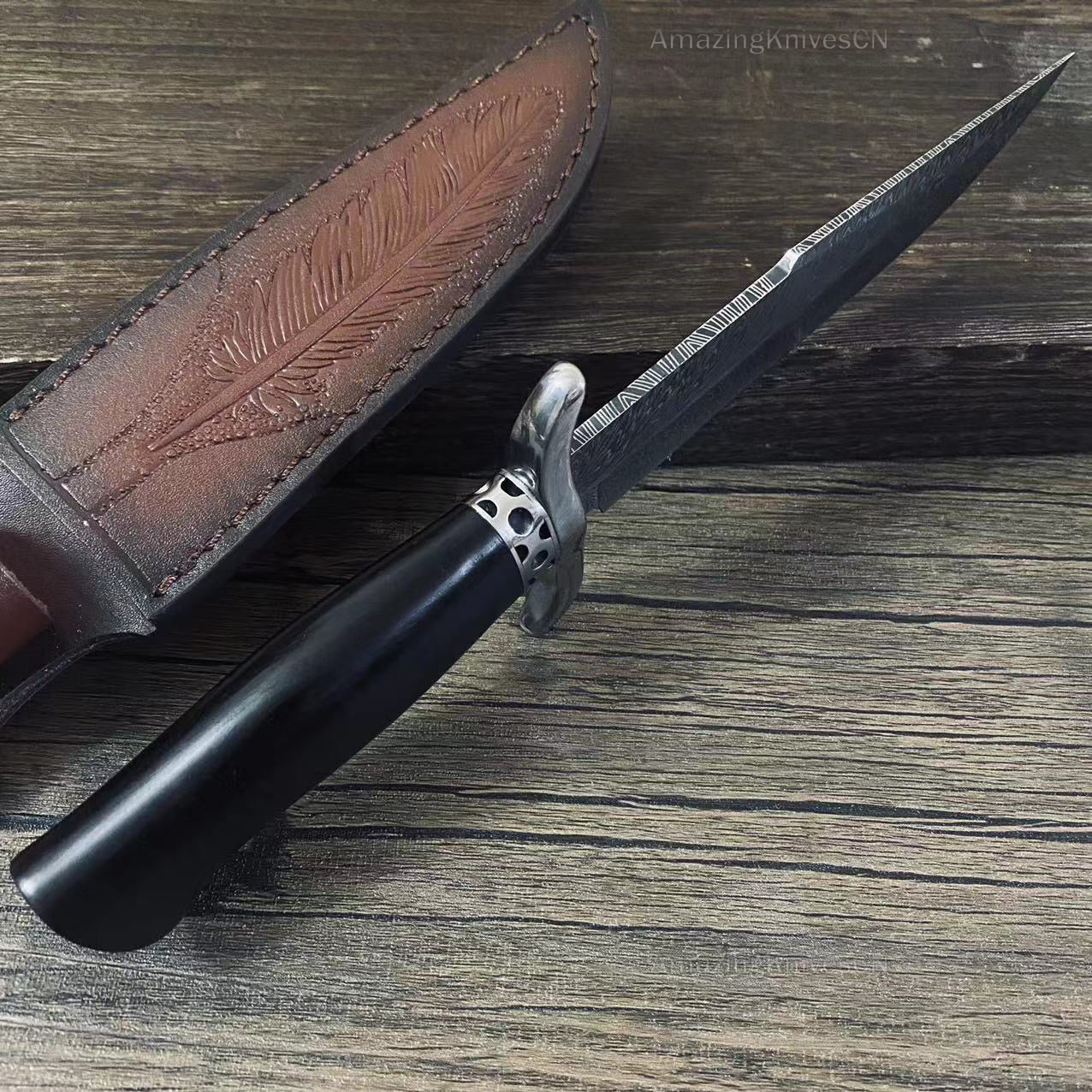 Stainless Steel Hunting Knife Feather Pattern Survival Fixed Blade Bowie - AK-HT0498-B