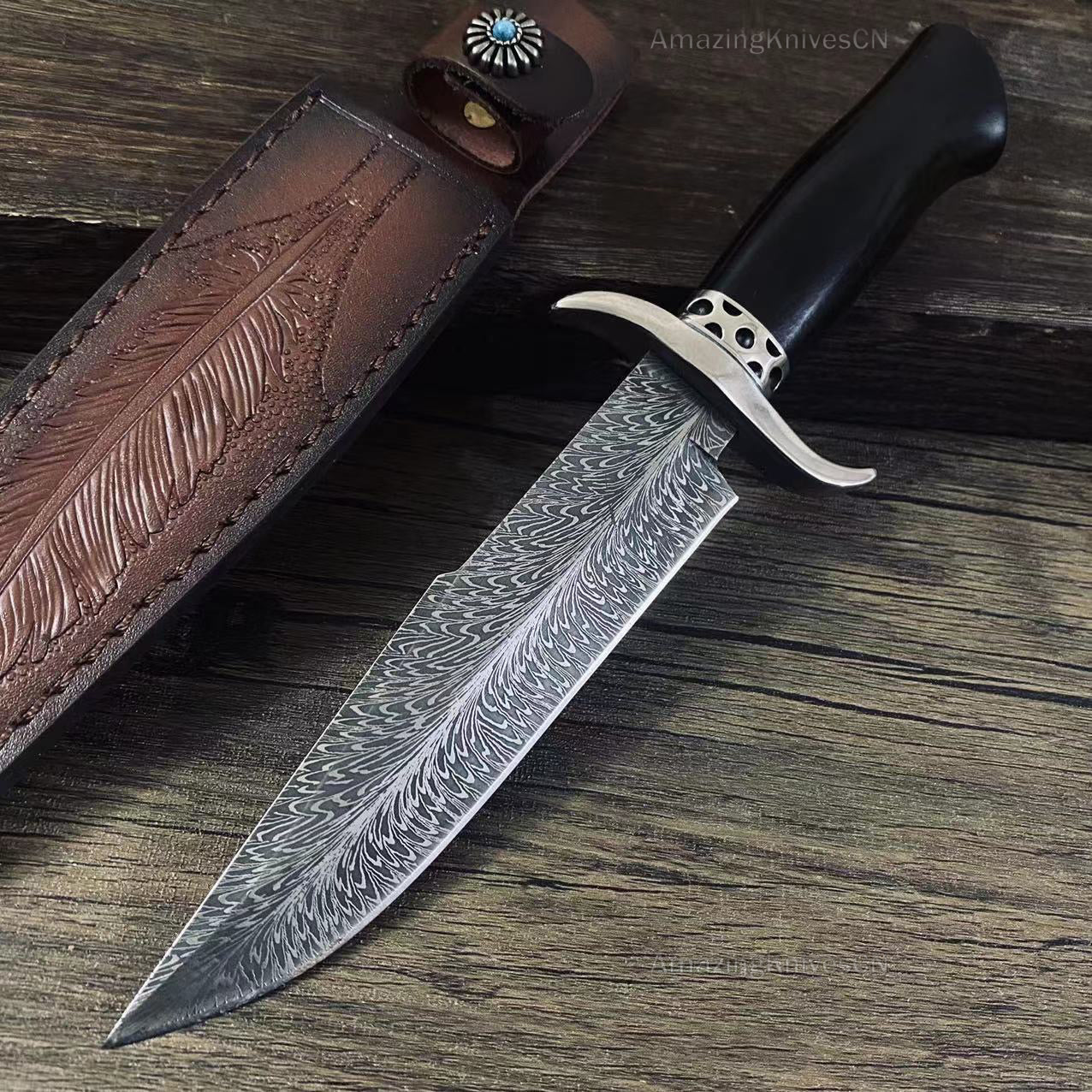 Stainless Steel Hunting Knife Feather Pattern Survival Fixed Blade Bowie - AK-HT0498-B