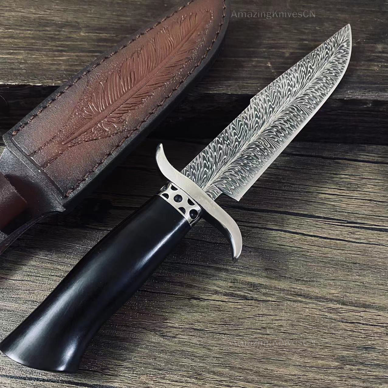 Stainless Steel Hunting Knife Feather Pattern Survival Fixed Blade Bowie - AK-HT0498-B