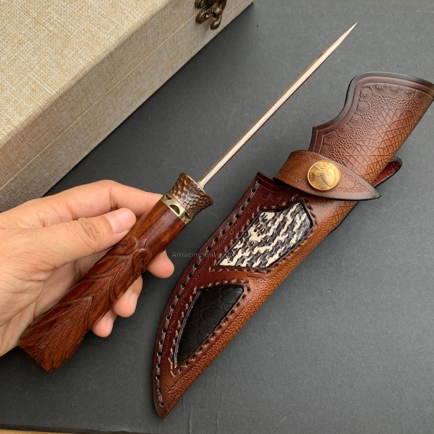 Collectible Handcrafted Copper Damascus Steel Knife Full Tang Desert Ironwood - AK-HT0910-1